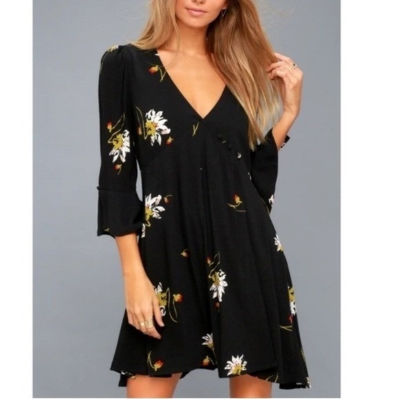 Free People Time On My Side Wrap Dress Women's Size M Black Floral Mini Boho
